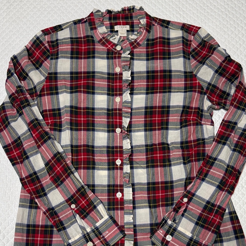 J. Crew Red and Blue Plaid Ruffle Shirt